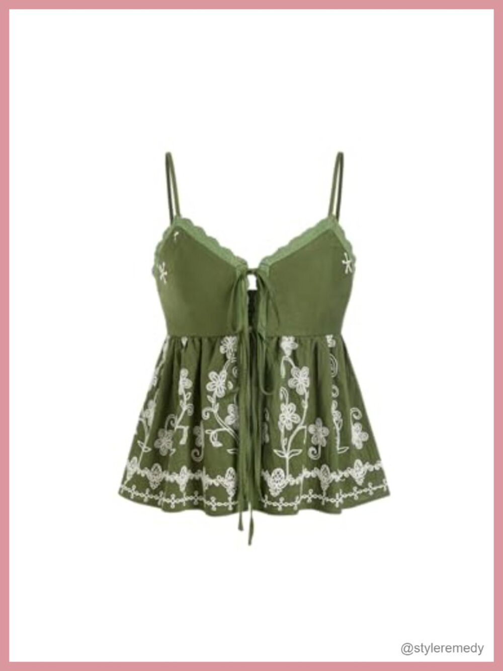 Embroidered Lace Spaghetti Strap Crop Cami Top Tie Front Peplum Cami